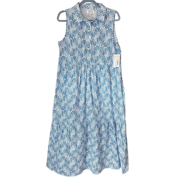 Tahari by ASL Ivory Chambray Blue Palm Leaf Print Sleeveless Shift Dress  M NWT - Picture 1 of 3